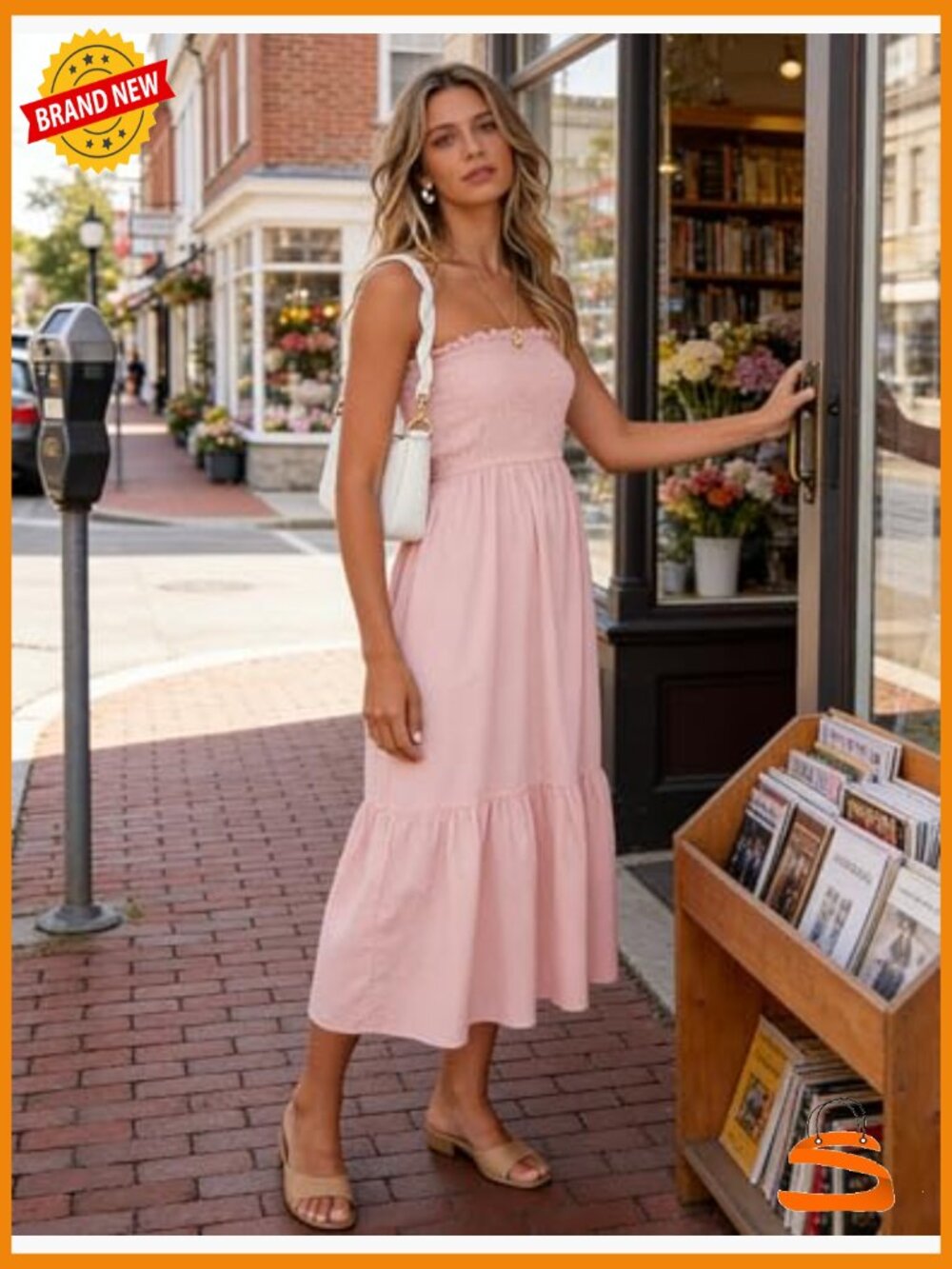 Strapless Smocked Maxi Dress with Ruffle Trim A-Line Summer Beach - Picture 3 of 7